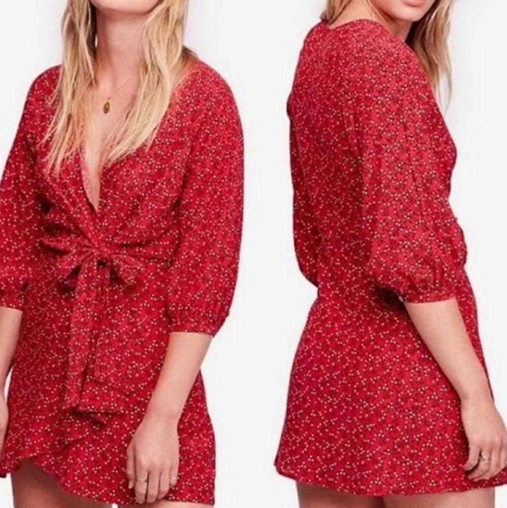 Free People Clara Red Floral Boho Print Tunic Dress 3/4 Sleeves - Size Medium